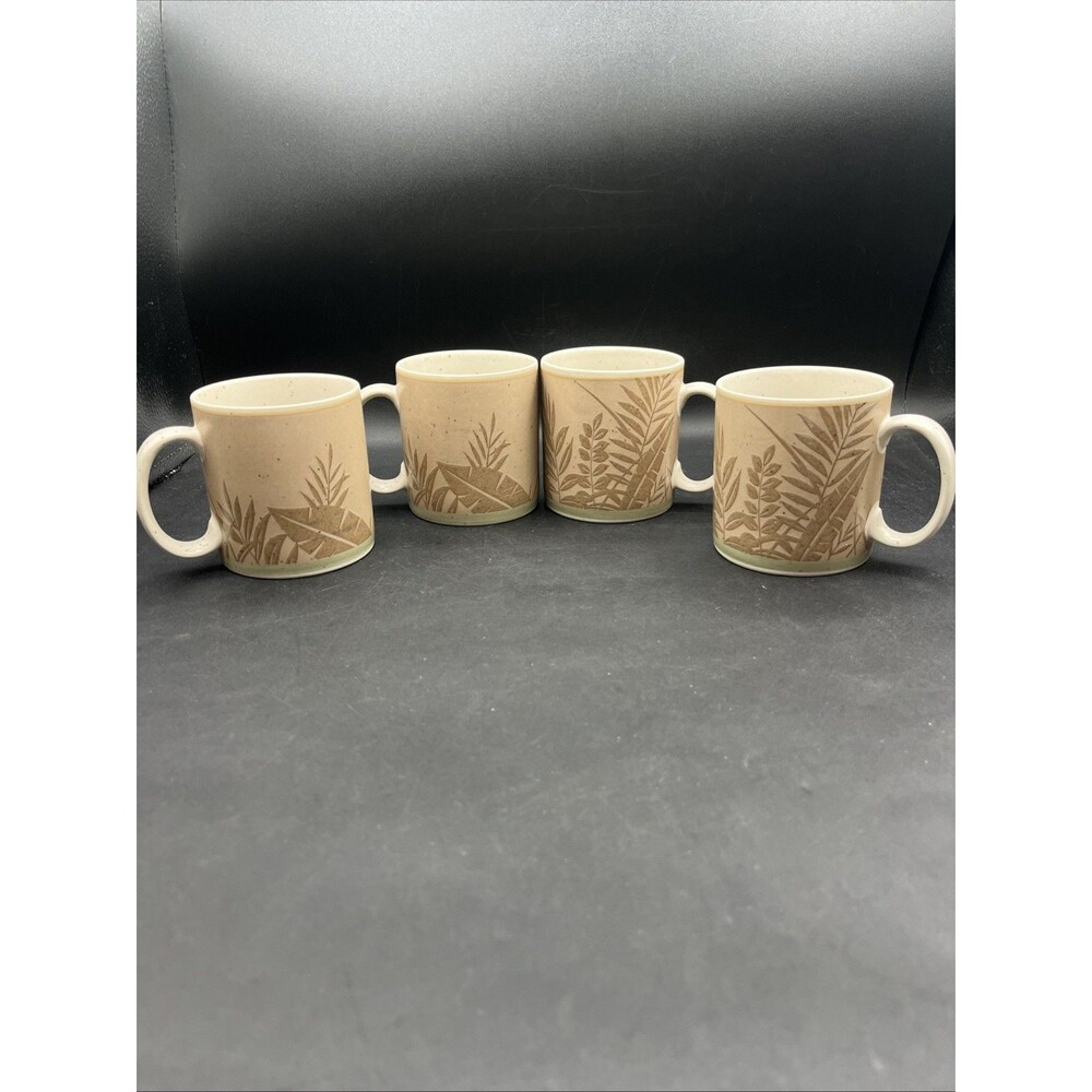 Epoch Collection Khaki "Panama" Set Of 4 Stoneware Coffee Mugs Botanical Beachy